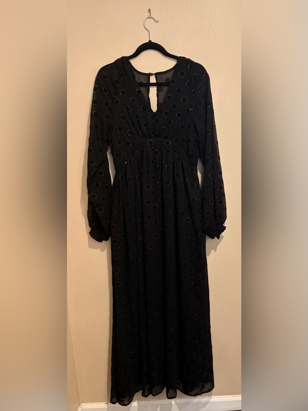Unique Vintage Black Long Sleeve Maxi Dress w/ Sparkly Polka Dots, Witchy Vibes